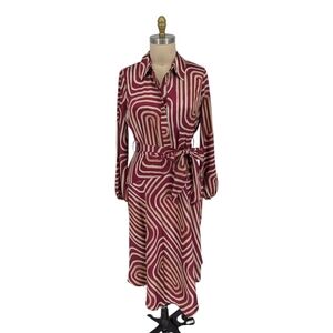 00532 Donna Karen Geometric Satin shirtdress Red Size 10 preppy Business casual
